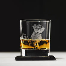 Load image into Gallery viewer, Thistle Engraved Glass Tumbler With Slate Coaster