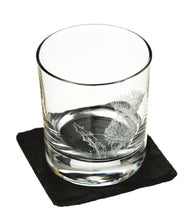 Load image into Gallery viewer, Thistle Engraved Glass Tumbler With Slate Coaster