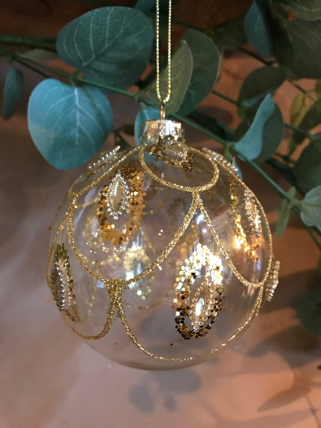 Clear Gold Glass Ball With Gold Glitter Swags