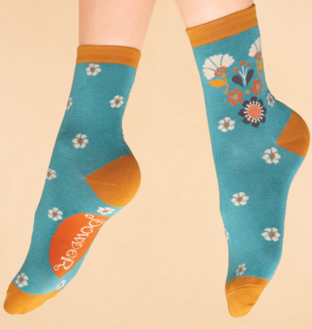 Art Deco Floral Ankle Socks - Aqua ~  Ladies Powder socks