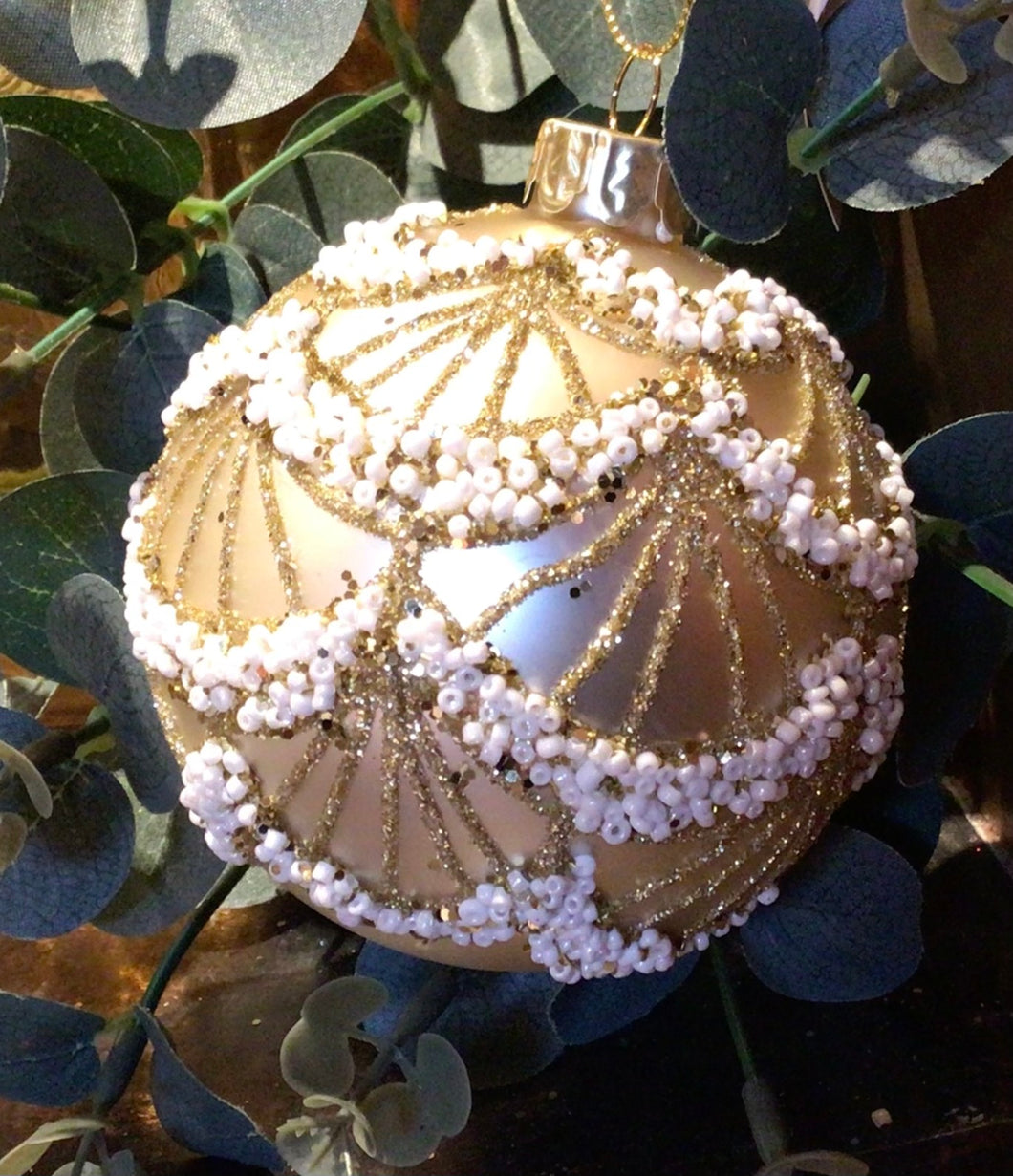 Gold Glass Bauble  with ivory bead swags