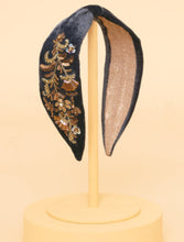 Load image into Gallery viewer, Velvet Embellished Headband - Golden Wildflowers, Slate ~Powder
