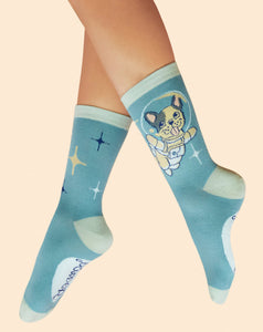 Frenchie in Space   Ankle Socks~Powder ~ Ice