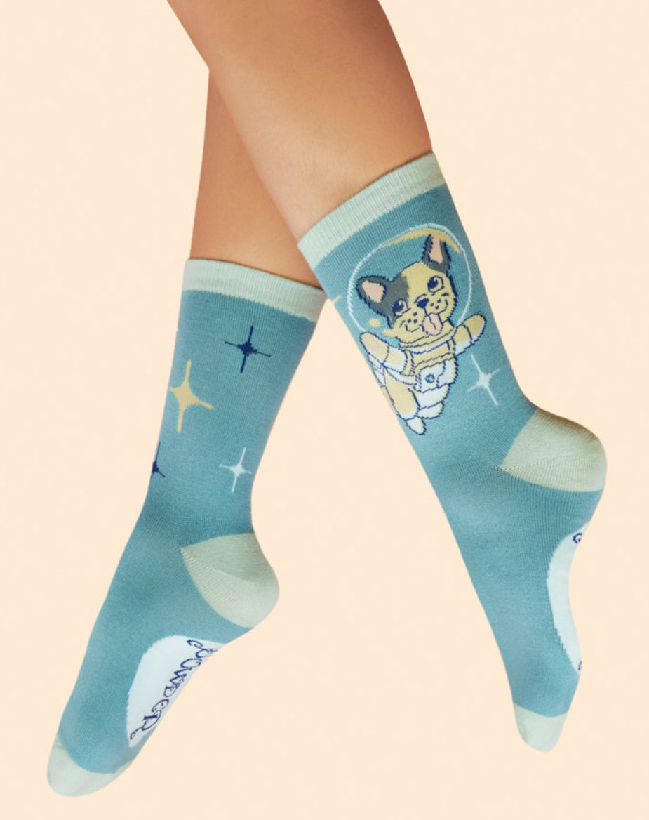Frenchie in Space   Ankle Socks~Powder ~ Ice