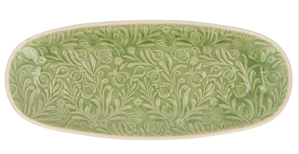 Country Flowers Green Stoneware Oval Plate