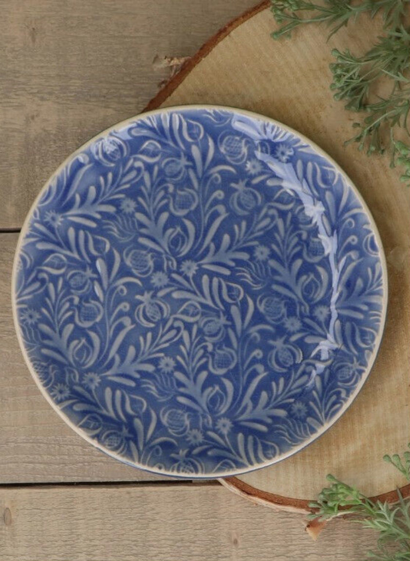Country Flowers Blue Stoneware Plate - Gisela Graham