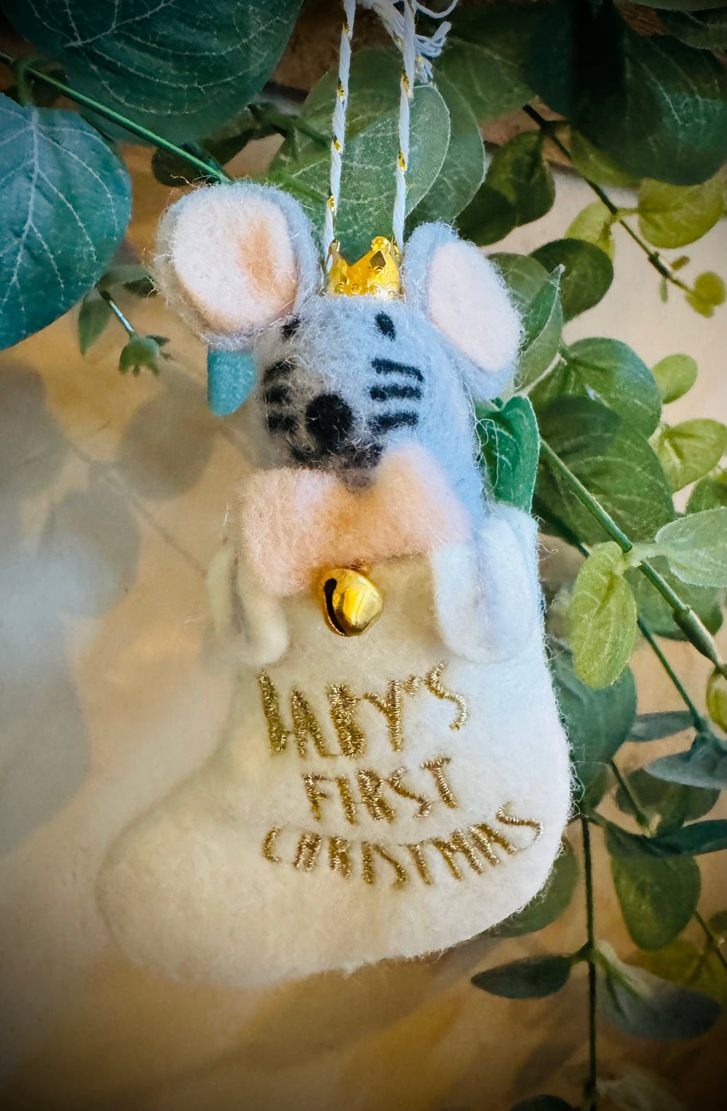 Felted Wool Baby’s First Christmas Mouse In Stocking