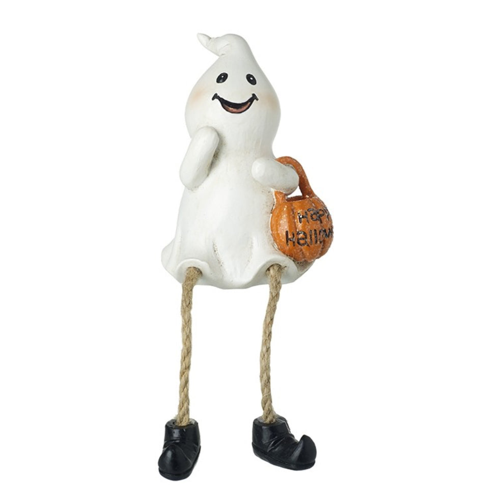 Dangly Leg Ghost With Pumpkin Ornament