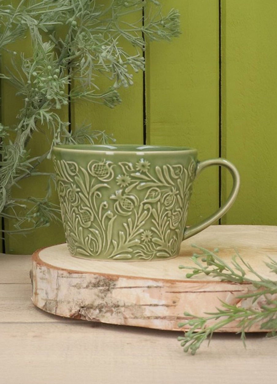 Country Flowers Green Stoneware Mug