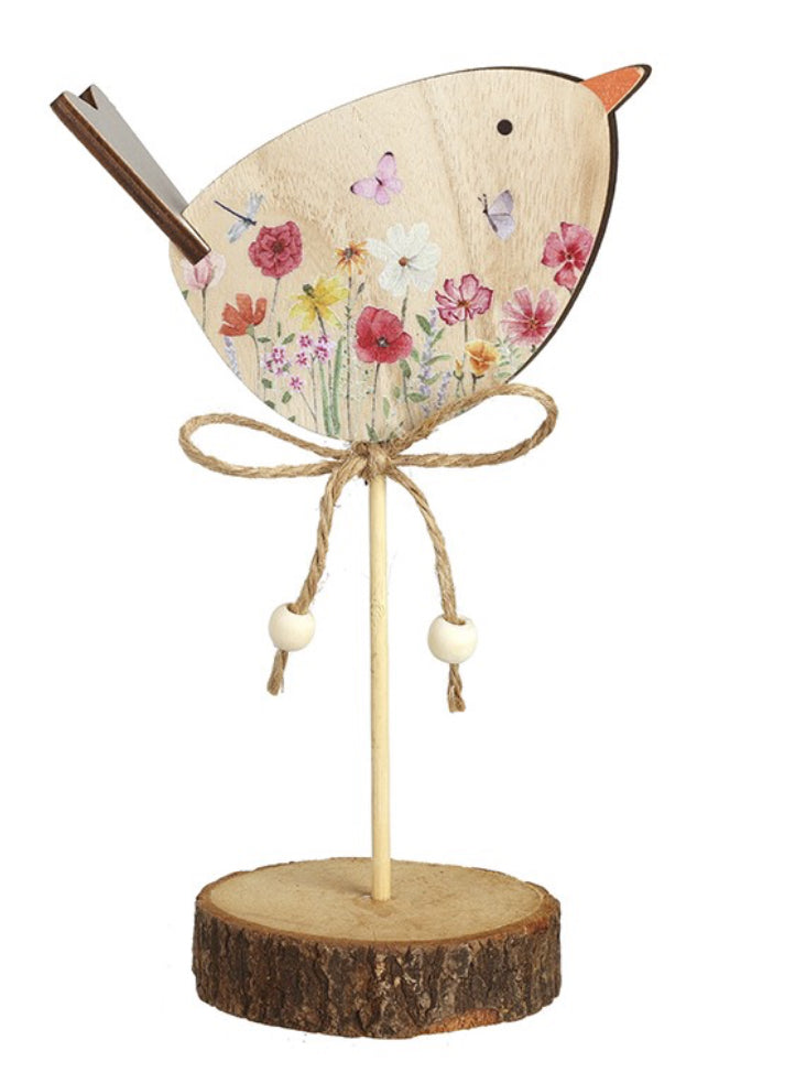 Wood Floral Bird On Log Slice
