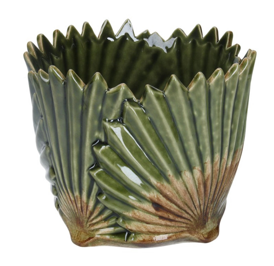 Ceramic Pot Cover 13cm - Antiqued Green Fan Leaf