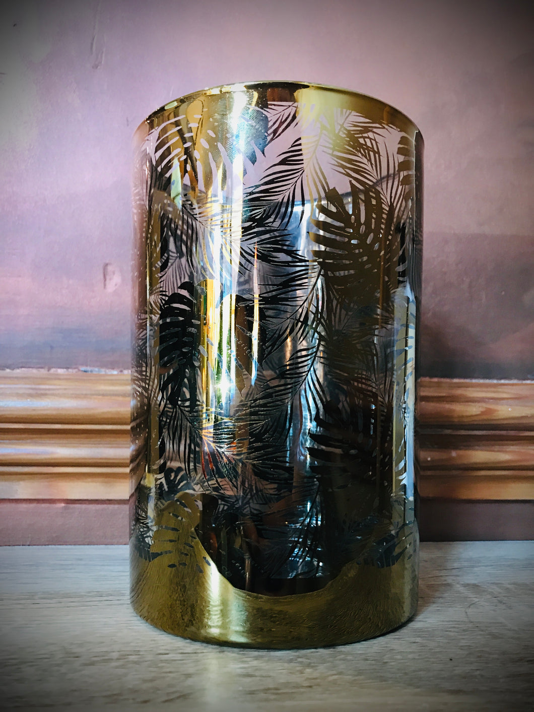 Clear Glass Gold Palm Leaf Night Light Pot Large