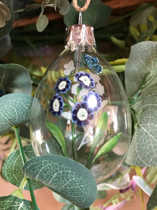Blue Violas Clear Glass Egg