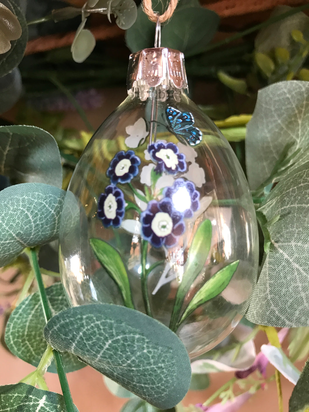 Blue Violas Clear Glass Egg