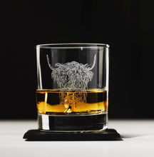 Load image into Gallery viewer, Highland Cow Engraved Glass Tumbler With Slate Coaster
