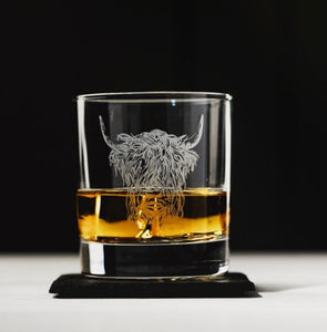 Highland Cow Engraved Glass Tumbler With Slate Coaster
