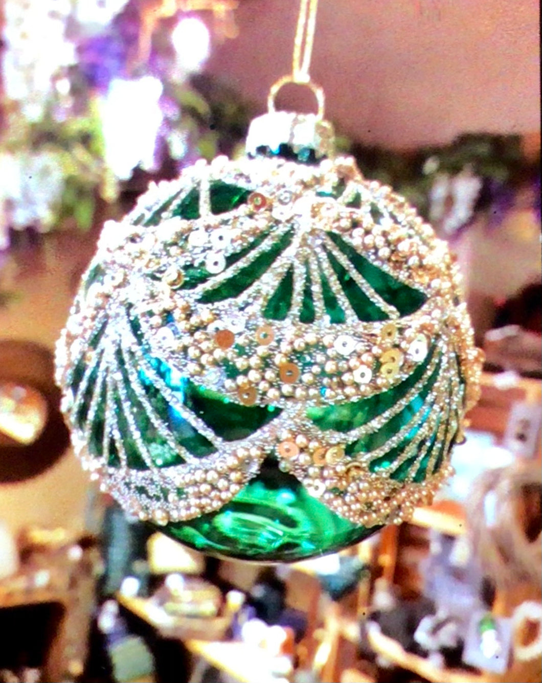 Clear Emerald  green  Glass Ball With Sequin Swags