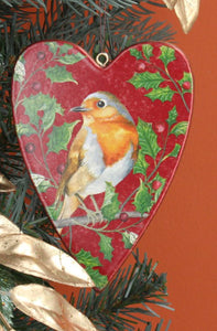 Robin Holly wooden Heart decoration