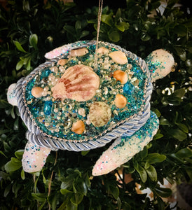 Turquoise Glitter Turtle With Rope And shells decoration