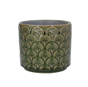 Ceramic Pot Cover 14cm - Green Flower Arc