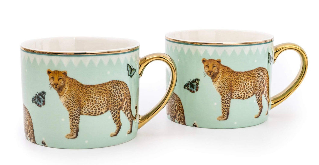 Set of 2 Leopard Pale Green Mug with Gold Handle