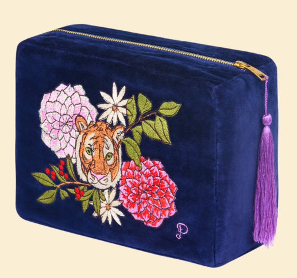 Velvet Vanity Bag - Floral Tiger Face in Indigo - Powder
