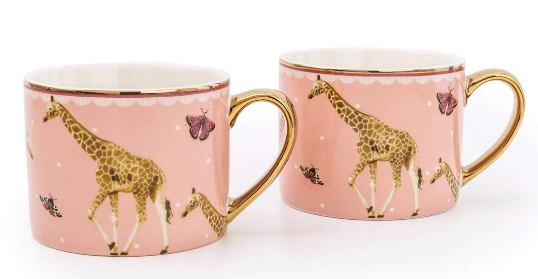 Set of 2 Giraffe Pink Mugs with Gold Handles In Window Gift Box