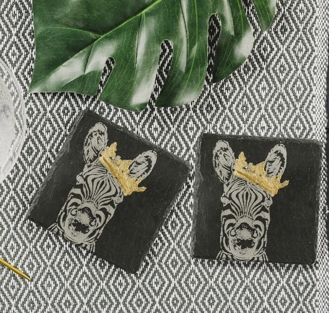 2 Slate Gold Leaf Crowned Zebra Coasters